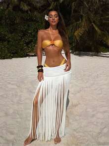 Awevudst Women's Crochet Knitted Swimwear Cover Up Long Maxi Skirts Wide Waistand High Waist Fringe Hem Beach Skirts Summer Swimwear Beachwear Vacation Bathing Suit Coverup Maxi Dress - 白色 - 查看 3