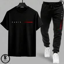 Men's Casual T-Shirt And Sweatpants Set - Paris Style Cotton Knit T-Shirt + Sweatpants With Pockets - Áo thun đen, quần đen - Xem 1