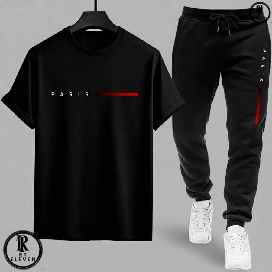 Men's Casual T-Shirt And Sweatpants Set - Paris Style Cotton Knit T-Shirt + Sweatpants With Pockets - Áo thun đen, quần đen - Xem 1