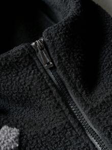 Men's Black & Grey Patchwork Sherpa Lined Hoodie Jacket, Loose Street Style Warm Outerwear - Black - View 4