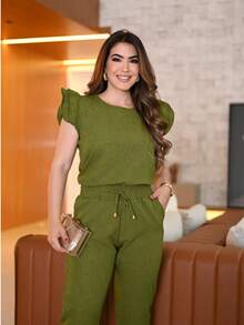 Women's 2-Piece Casual Elegant Set: Pleated Blouse, Cotton Linen Pants With Ruffled Sleeves, Scrub Set, Spring/Summer 2025 Fashion Colors. - Hijau Limau/Berkerut - View 4