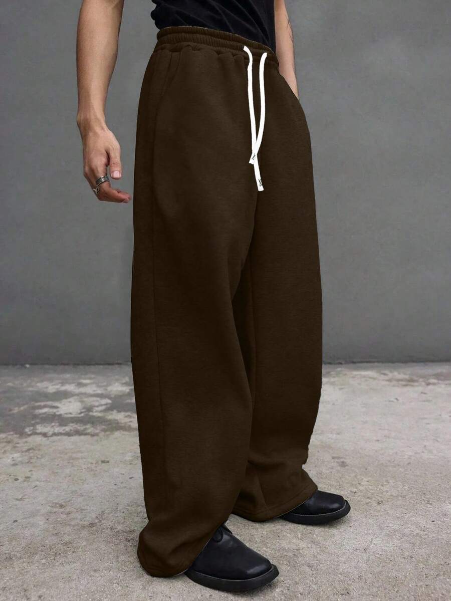 Plus Size European & American Style Men's Loose Brown Sports Sweatpants, Drawstring Design, Comfortable & Versatile - Coffee Brown - View 1