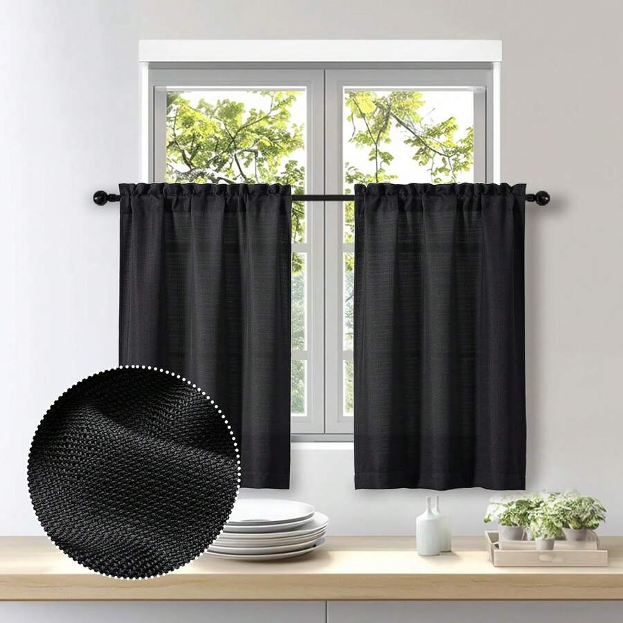 72 Inch Length 2 Panels Set Living Room Bedroom, Filtering Faux Slub Textured Window Curtain Panels, Solid Airy Soft Rod Pocket French Door Drapes, 2 Pcs 40Wx72L, Window Treatments - 黑色 - 查看 1