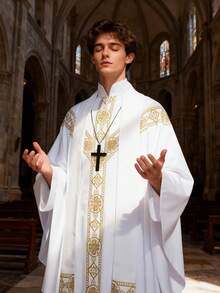 Medieval European Priest/Monk Robe Cosplay Costume, Includes: Printed Loose Robe, Fringed , Cross Accessory