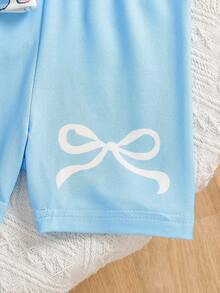 Baby Girls' Cute Casual Knit Bow & Rabbit Print T-Shirt And Blue Elastic Waist Bow Print Shorts Set, Summer - Blue - View 6