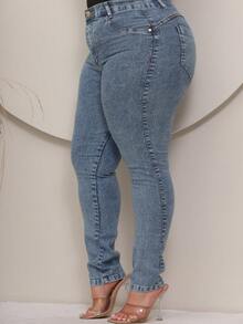 Women's Plus Size Skinny Pants In Premium Medium Wash Enhances Waist And Butt - 中度洗滌 - 查看 5