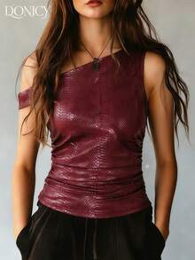 DONICY Top plissé épaules dénudées en faux cuir imprimé serpent bordeaux pour femmes. Style élégant pour les sorties, la Saint-Valentin, les fêtes