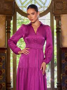 Faeriesty 优雅酒红色长袖灯笼袖V领长款派对连衣裙 - 可拆卸腰带，闪亮蓬松裙摆，修身剪裁 | 适合节日派对、新年夜、正式晚宴、正式活动和浪漫春季写真拍摄 - 紫色 - 查看 4