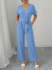 Women's Jumpsuit Casual Short Sleeve Wrap V Neck Belted Wide Leg Pants - 淺藍色 - 查看 2