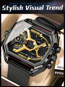 POEDAGAR 1pc Fashionable Men's Stainless Steel Mesh Waterproof Date & Day LED Electronic Wrist Watch, 3 Time Zone Display, Multi-Function Casual Men's Watch With Alarm And Chronograph, Men's Holiday Gift - one-size - View 7