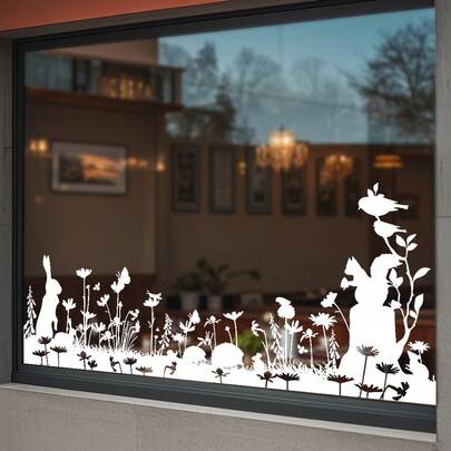 1/2pcs White Silhouette Spring Easter Bunny Grass Window Stickers, Reusable PVC Double-Sided Visible Static Cling Glass Decals, Suitable For Living Room, Bedroom, Children's Room, And Home Decoration.