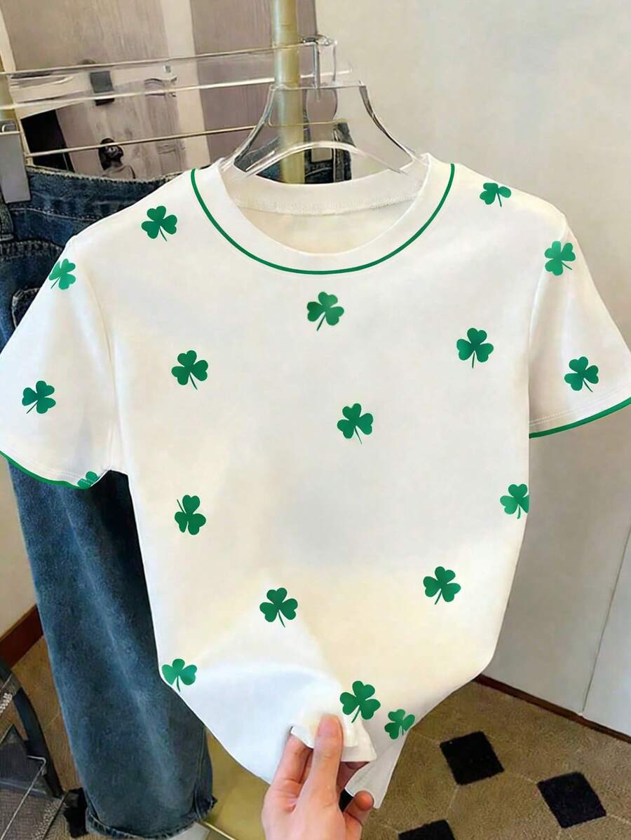 St. Patrick's Day Clover Print Casual Women's Round Neck Short Sleeve T-Shirt - White - View 1
