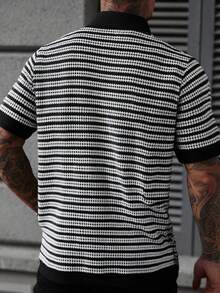 WAIT HIM Áo thun nam tay ngắn dệt kim kẻ sọc, cài một hàng khuy, kiểu dáng thường ngày, thích hợp đi làm. - Đen và trắng - Xem 3