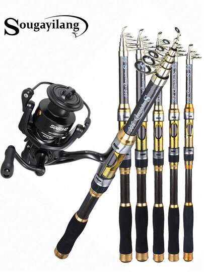 SOUGAYILANG 1.8m-3.6m Carbon Fiber Fishing Rod, High Sensitivity Rod Tip, Solid Reel Seat And Ceramic Guides + 4000 Series Spinning Reel, 5.2:1 Gear Ratio, Aluminum Spool, With Audible Alarm - Bass/Trout/Redfish Fishing Kit