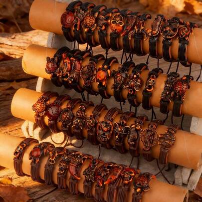 10件/套 复古朋克哥特波西米亚动物树脂男女款皮手链 乌龟 牛 猫头鹰 骷髅 老鹰 随机款式 送朋友 休闲派对 日常佩戴配饰