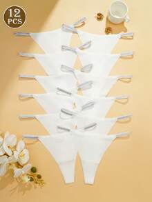 12 Pcs/Pack Sexy Low Rise Thongs Breathable Soft G-Strings Ladies Cozy Seamless Tanga Panties No Show Knickers Women's Comfortable Underwear & Lingerie, White - White - View 6