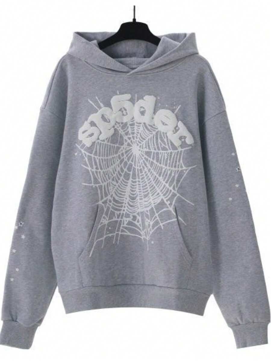 Autumn/Winter Clothing: Street-Style Hip-Hop Style Foam Spider Web Hooded Sweatshirt, Fashionable Sporty Hoodie. - Grey - View 1