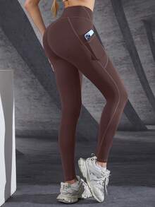 1pc 9-Pocket Patchwork Yoga Pants, Suitable For Fitness, Yoga, Outdoor Sports, And Walking Spring - Brown - View 3