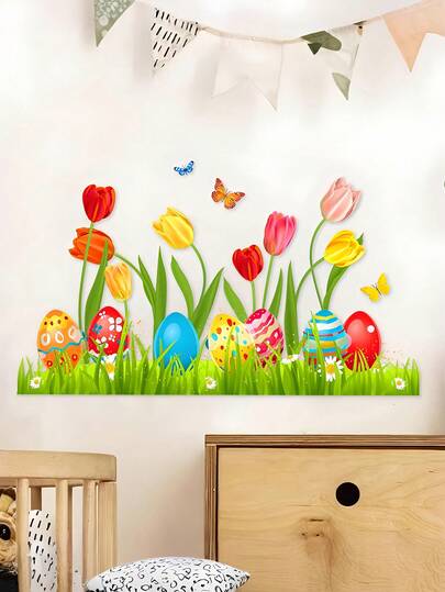 1PC Home Decor Stickers,Tulip-Patterned Easter Egg Decorative Stickers,Made Of PVC Material, Easy To Apply And Easy To Remove,Suitable For Decorating Walls And Windows,Spring Decorations