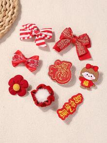 8个装女孩/青少年欧美风节日红色卡通组合发夹，中国新年吉祥设计 - 紅色 - 查看 4