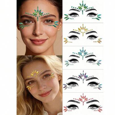 1pc Colorful Self-Adhesive Face Gems, Suitable For Music Festivals, Performances, Costume Parties, Holidays, Carnivals, Daily Makeup. Available In Pink, Gold, Purple, Green, Blue And More. Waterproof, Long-Lasting, Realistic Sticker Decor For Group Matching