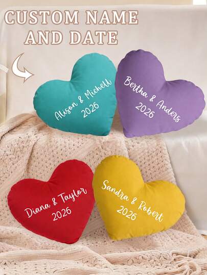 1pc Customized Name & Date Heart-Shaped Throw Pillow, Soft & Comfortable Fabric, Multiple Colors & Sizes Available, Home/Outdoor Leisure Cushion, Suitable For Valentine's Day, Wedding, Daily Use