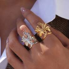 2pcs/1pc Minimalist 18K Gold Plated Stainless Steel Ginkgo Leaf Rings, Can Be Stacked With Other Rings, Women's Jewelry, Fashionable Accessories Suitable For Daily Wear Or As Gifts, Also Suitable For Parties, Holidays And Everyday Wear. - Multicolor - View 7