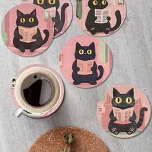 Black Cat Design Wooden Coasters For Home Dining Table - Non-Slip Decorative Drink Coasters, Suitable For Coffee And Tea Cups, For Home And Cafe Use, Holiday Gift For Friends, Suitable For All Seasons - Wooden Board-circle Coaster - View 3