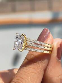 3pcs Sparkling Rectangle Diamond Rings, S925 Sterling Silver Stylish Women's Ring Set Suitable For Daily, Date, Exquisite Women's Jewelry Gift, New Year's Gifts, Valentine's Day Gift