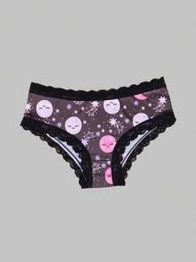 Dircho 5件套女士星空印花三角裤套装，月亮星星图案，可爱脸型，黑色蕾丝边，柔软面料，深色调，日常舒适内衣，梦幻休闲风格 - 彩色 - 查看 8