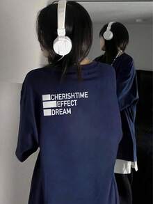 女士简约纯色藏蓝色撞色英文印花休闲宽松百搭日常穿搭圆领短袖T恤 - 藏蓝色 - 查看 3