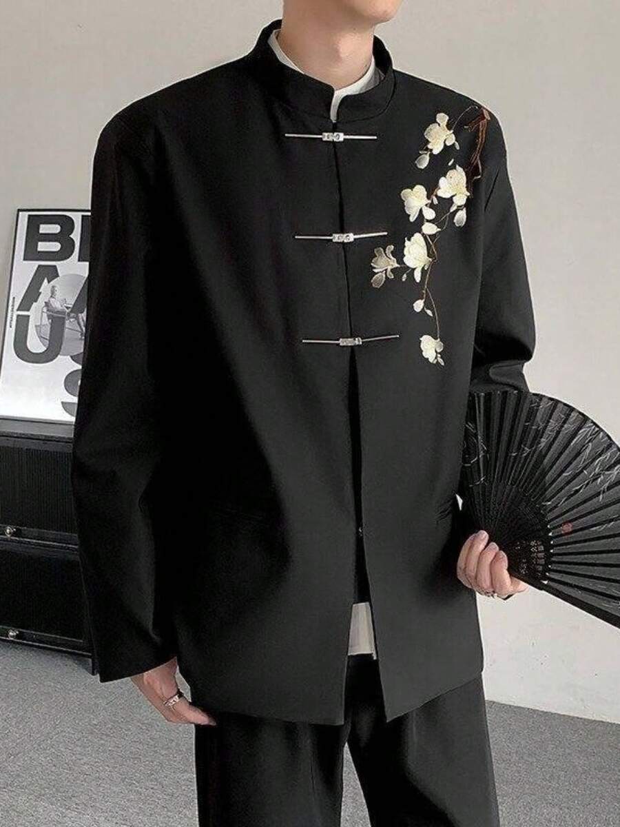 春秋新中国式重工刺繡玉蘭中山服スーツ外套男復古フィアハンサム高級感スーツ潮 - ブラック - チェックする 1