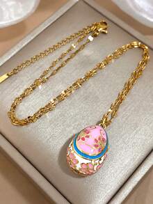 1件18K镀金复古甜美粉色、白色、绿色珐琅花卉图案彩蛋吊坠不锈钢项链，女士奢华珠宝，适合复活节、情人节、派对、晚宴、日常佩戴、约会、狂欢节、新年、婚礼、海滩、圣诞节、周年纪念日、优雅妈妈礼物、波西米亚风珠宝、生日礼物、伴娘礼物 - 彩色 - 查看 6