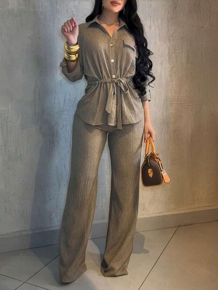 ChicMe 2pcs Women Set, Collared Roll-Up Sleeve Button Front Shirt With Drawstring Waist Wide Leg Pants With Pockets, Casual Office Wear Spring