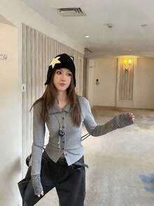 Early Spring Striped Patchwork Fitted Cardigan Top, Women's Turtleneck Long Sleeve T-Shirt - Grey - View 4