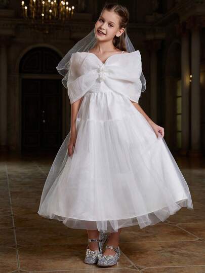  Đầm công chúa trắng trễ vai ALISA&LEO dành cho bé gái, được trang trí bằng họa tiết hoa, tay phồng, chân váy nhiều lớp bằng vải voan, thích hợp cho tiệc sinh nhật, dự đám cưới, làm phù dâu hoặc các dịp lễ hội.