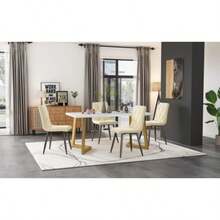 Dining Table Set (Set, 117*68 Cm Dining Table With 4 Chairs), Rectangular Dining Table, Modern Kitchen Table Set, Dining Chairs: Beige Velvet Twill Kitchen Chairs, Gold Table Legs - Beige - View 2