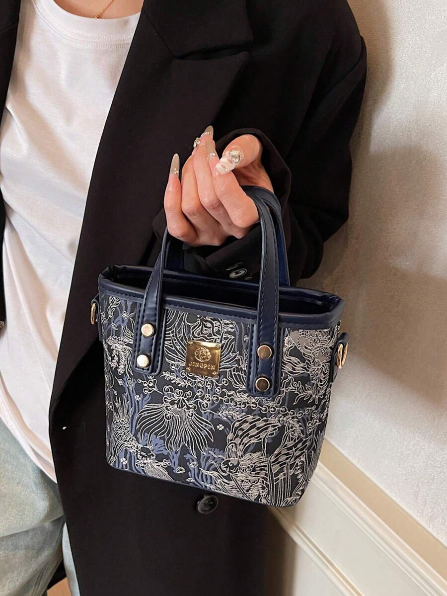 New Chinese Style Embroidered Small Bucket Bag For Women 2025 Spring/Summer Fashion Handbag, Elegant Versatile Shoulder Bag , Office Bag - Navy Blue - View 1