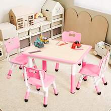 Set de Mesa y 4 Sillas para Niños, Mesa Ajustable de hasta 81 cm de Altura con Patas Antideslizantes y Organizador, Escritorio para Actividades y Manualidades en Preescolar (Rosa) - Rosa - Ver 2