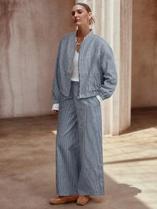 Sollinarry 2pcs Women Striped Zip-Up Long Sleeve Top And Pants Set Spring - Navy Blue - View 2