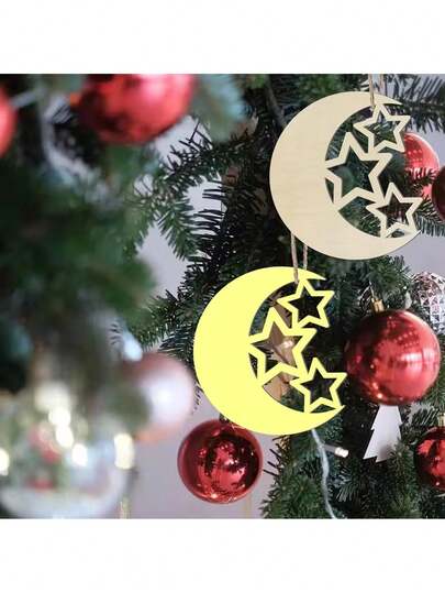5/10pcs Hollow Wooden Moon & Star Shapes, Eid Mubarak Decorations, Eid Al-Fitr Festival Decor, Wooden Gift Packaging Tags, DIY Craft, Wedding Birthday Party Wooden Ornaments, Ramadan Decorations, Eid Gifts, Holiday Gifts, Painting Supplies, Wooden Star & Moon Pieces, Festival Gift Tags, Home Decor, Wooden Party Table Centerpieces