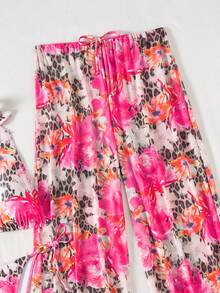 2pcs/Set Floral & Leopard Print Ruffled Bikini Top And Drawstring Beach Shorts, Pink, Summer Beach Holiday - Multicolor - View 9