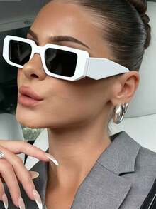 1副长方形小框白色时尚眼镜，复古，个性化，多功能，女士时尚眼镜，适合日常佩戴、街头摄影、度假、旅行、海滩配饰 - 白色 - 查看 1