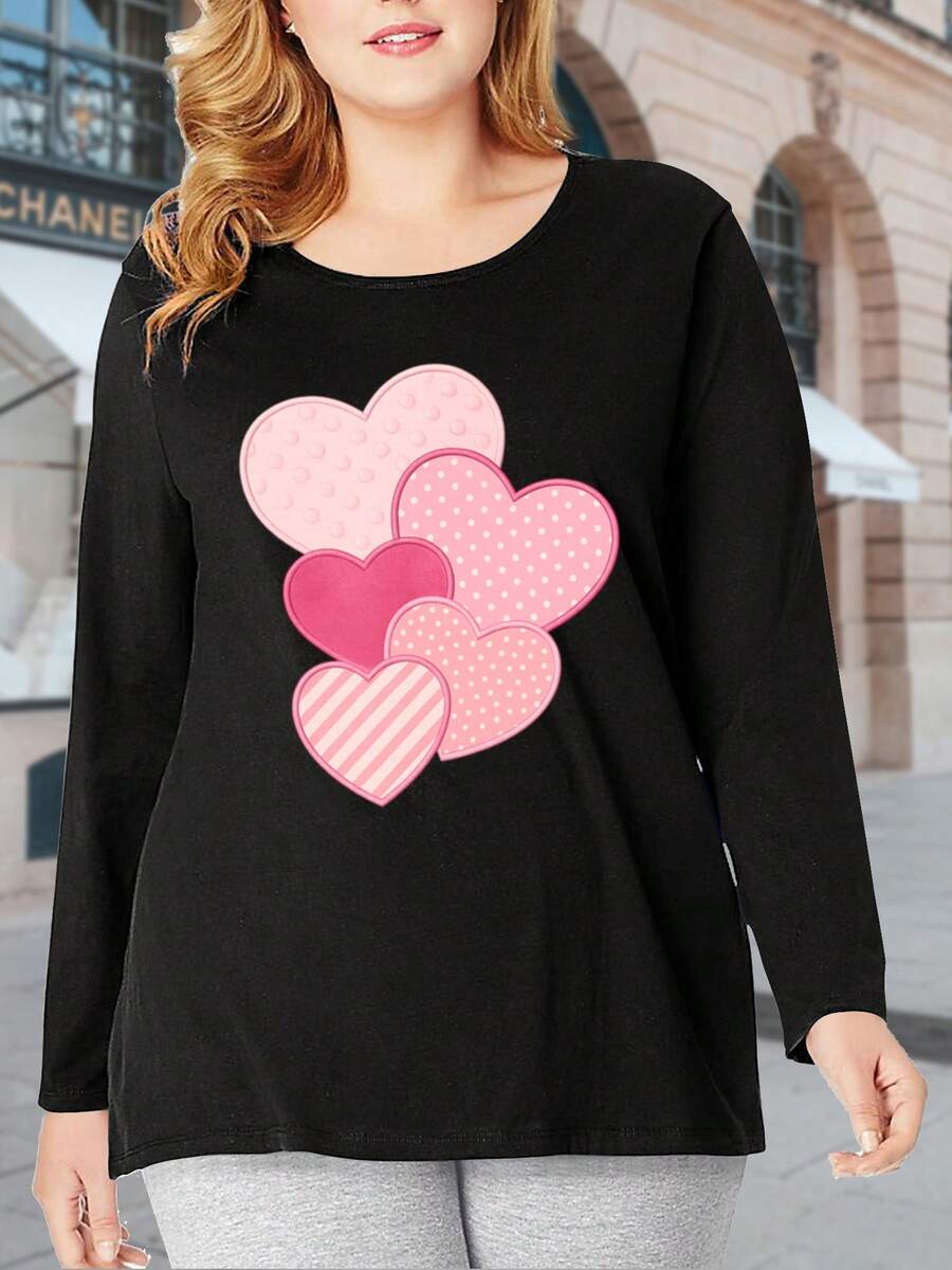 2026 Plus Size "Love And Heart" Print Long Sleeve Plus Size, Soft And Breathable Polyester Fiber, Medium Elasticity, Machine Washable, Women's Casual Long Sleeve Round Neck Pattern Print T-Shirt Plus Size, Fashion Style, Casual Plus Size Long Sleeve T-Shirt, Women's Clothing, Valentine's Day Hoodie For Couples, New Year Outfit For Women, Women's Tops - màu đen - Xem 1