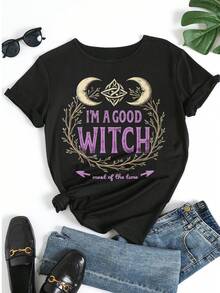 Women's Halloween Graphic Tee "I'M A GOOD WITCH Most Of The Time" Print Casual Crew Neck Short Sleeve T-Shirt Top - 黑色 - 查看 5