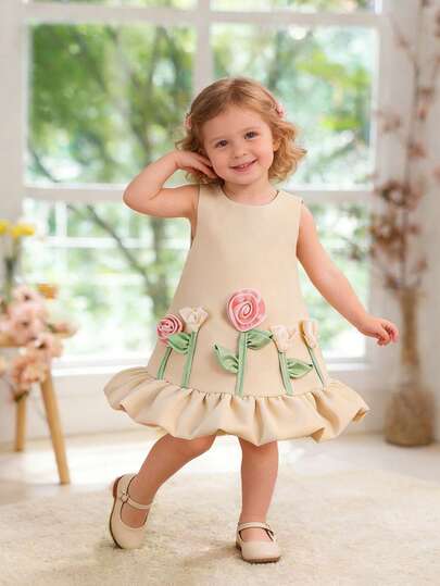 Baby Girl Champagne Floral Princess Dress, Suitable For Parties