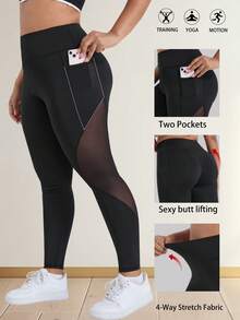 Pantalon de yoga taille haute avec contrôle du ventre pour femmes grandes tailles, leggings ajustés avec poches latérales et design bicolore, convient pour la course, l'entraînement et le port décontracté - Noir - Voir 2