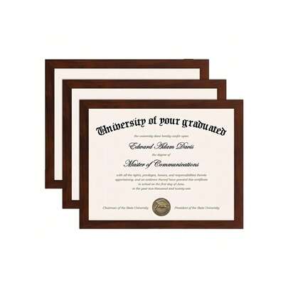 Juego de 3 marcos de fotos de 8.5*11, hechos de madera maciza con paneles acrílicos, ideales para documentos, diplomas, certificados y títulos. Se pueden colocar sobre el escritorio o colgar en la pared. Disponibles en cuatro colores