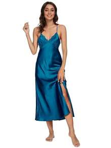 Women Silky Satin Nightgown Sexy Lace Chemise Lingerie Long Sleepdress For Ladies Sleepwear Slip Negligee 3073 - Blackish Green - View 5