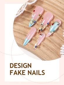 法式金色镀铬亚克力美甲 24 片尖头按压式甲片，DIY 艺术钻石宝石配件装饰假指甲套装 3D，适用于美甲沙龙、女性日常佩戴、节日派对和送礼。 - 彩色 - 查看 3